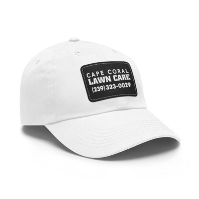 Cape Coral Lawn Care Logo Text White Dad Hat with Leather Patch (Rectangle)