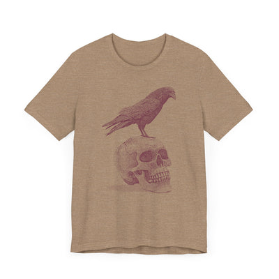 Crow on Skull Woodcut Design T-Shirt | Gothic Art Graphic Tee