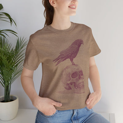 Crow on Skull Woodcut Design T-Shirt | Gothic Art Graphic Tee