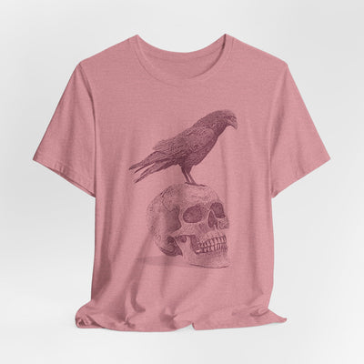 Crow on Skull Woodcut Design T-Shirt | Gothic Art Graphic Tee