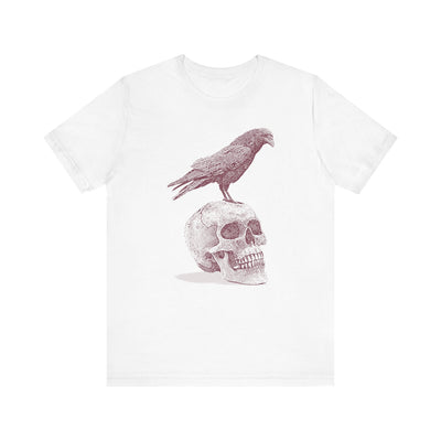 Crow on Skull Woodcut Design T-Shirt | Gothic Art Graphic Tee