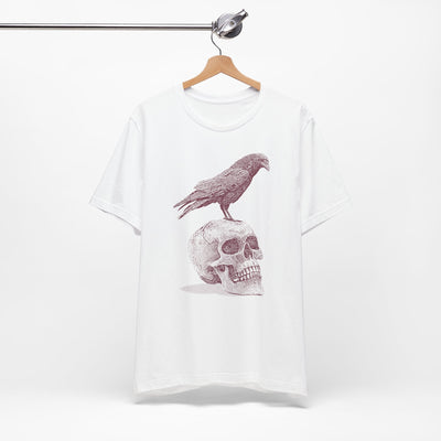 Crow on Skull Woodcut Design T-Shirt | Gothic Art Graphic Tee