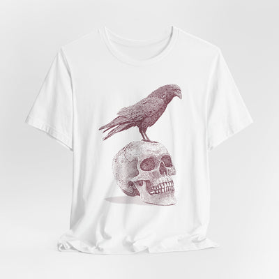 Crow on Skull Woodcut Design T-Shirt | Gothic Art Graphic Tee