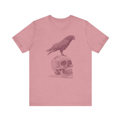 Crow on Skull Woodcut Design T-Shirt | Gothic Art Graphic Tee