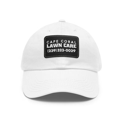 Cape Coral Lawn Care Logo Text White Dad Hat with Leather Patch (Rectangle)