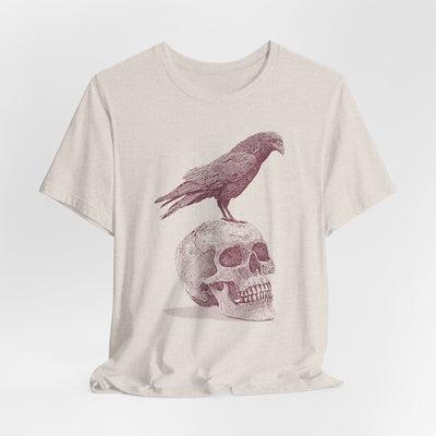 Crow on Skull Woodcut Design T-Shirt | Gothic Art Graphic Tee