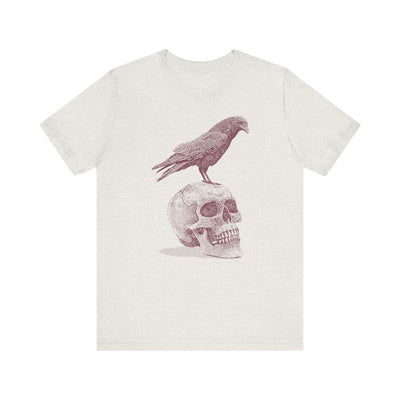 Crow on Skull Woodcut Design T-Shirt | Gothic Art Graphic Tee