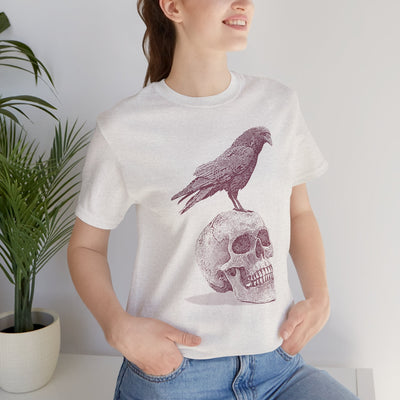 Crow on Skull Woodcut Design T-Shirt | Gothic Art Graphic Tee