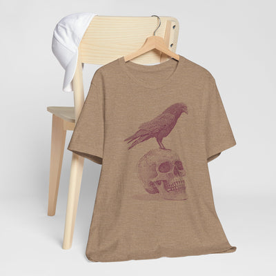 Crow on Skull Woodcut Design T-Shirt | Gothic Art Graphic Tee