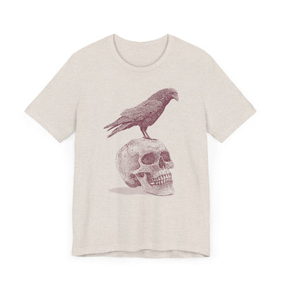 Crow on Skull Woodcut Design T-Shirt | Gothic Art Graphic Tee