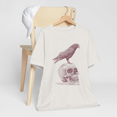 Crow on Skull Woodcut Design T-Shirt | Gothic Art Graphic Tee