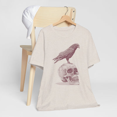 Crow on Skull Woodcut Design T-Shirt | Gothic Art Graphic Tee